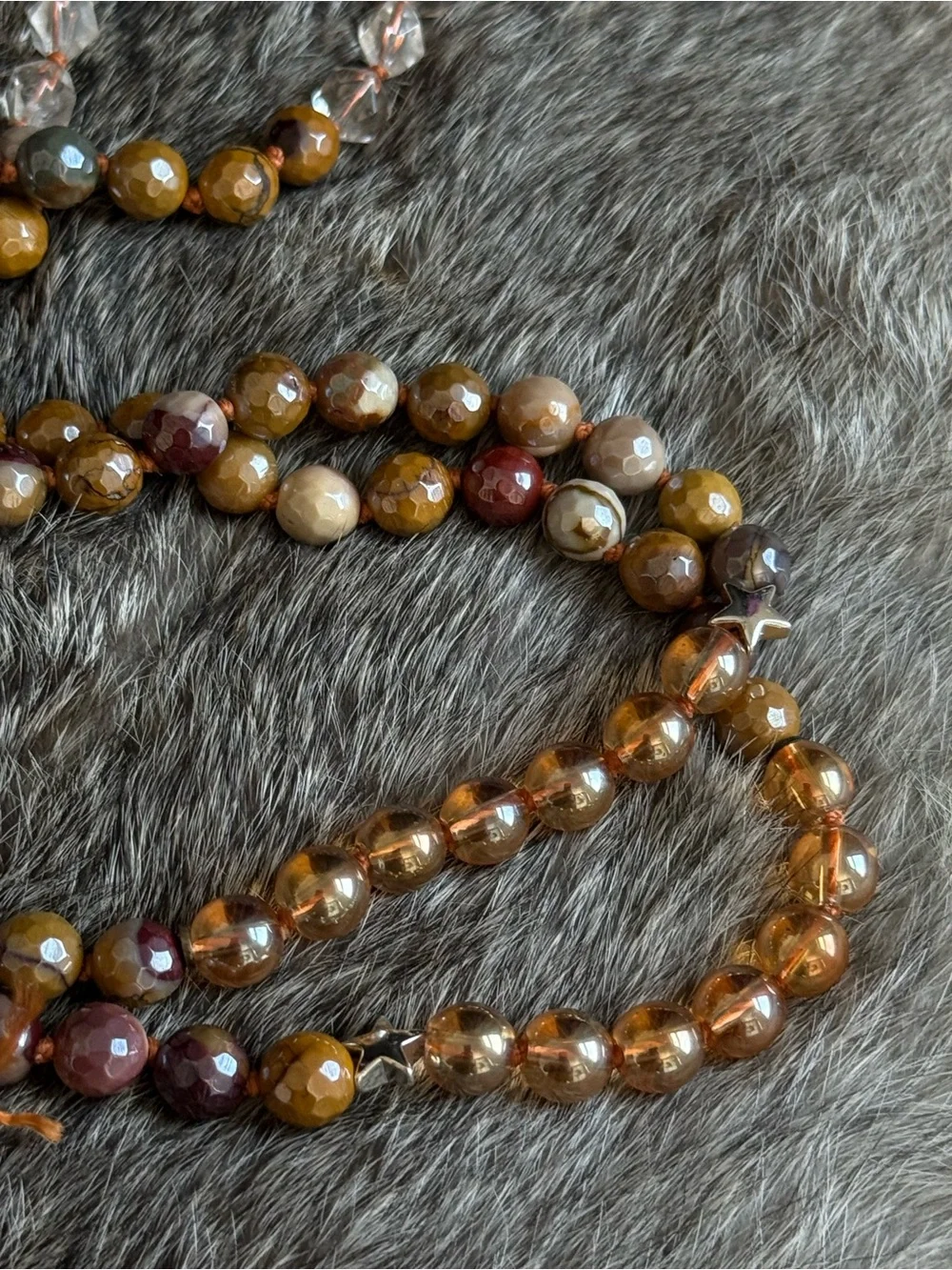 Clear Quartz, mookaite Jasper , Smokey Quartz beaded mala necklace pendant boho